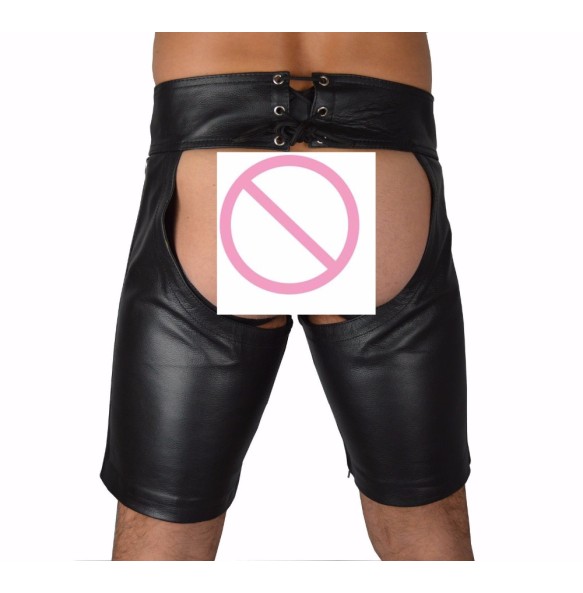 2022 Sexy Lingerie Gay Men Faux Leather Lace Up Pants New Hot Black Mens Latex PVC Bondage Open Cortch Shorts Gothic Fetish