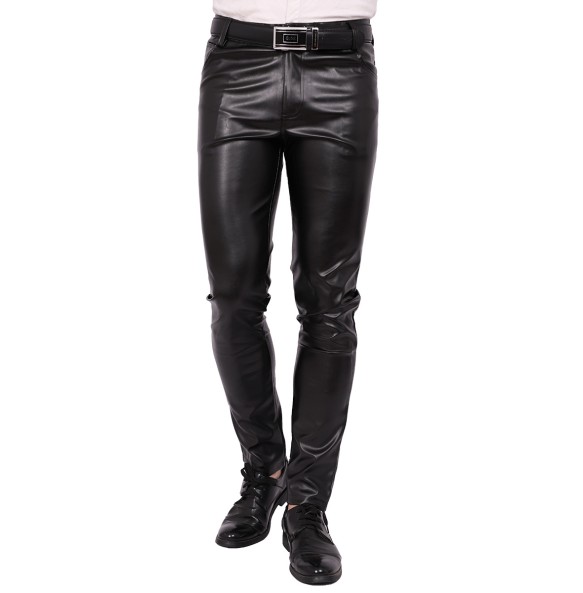 2023 Men's Slim Fit Skinny Pants Tight Stretch Leather Pants Teen Trend Motorcycle PU Leather Pants