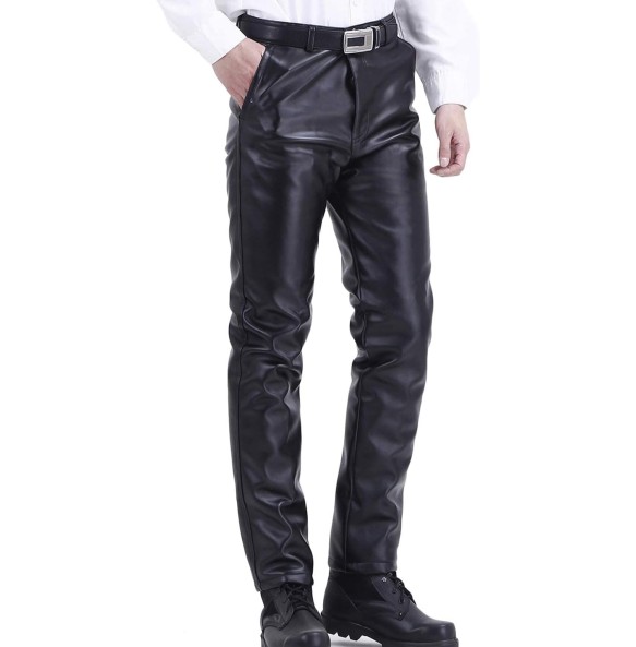 Mens Business Casual High Waist Straight Leg PU Faux Leather Biker Pants