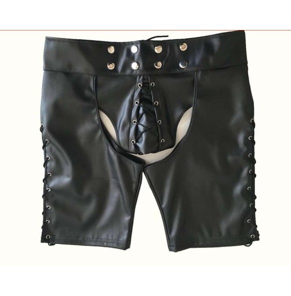 2022 Sexy Lingerie Gay Men Faux Leather Lace Up Pants New Hot Black Mens Latex PVC Bondage Open Cortch Shorts Gothic Fetish