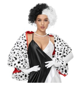 Black and White Witch Cape with Spotted Dog Leopard Print Shawl Cruella Scarf Wig 2024