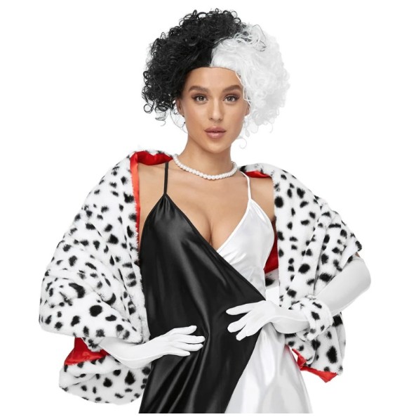 Black and White Witch Cape with Spotted Dog Leopard Print Shawl Cruella Scarf Wig 2024