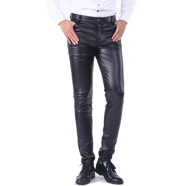 Men`s Business Slim Fit Five Pockets Faux Leather Pants Jeans