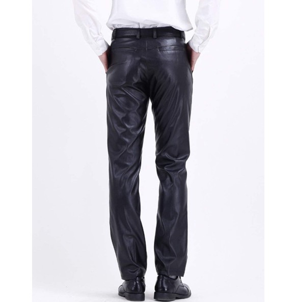 Mens Business Casual High Waist Straight Leg PU Faux Leather Biker Pants