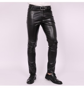 2023 Men's Slim Fit Skinny Pants Tight Stretch Leather Pants Teen Trend Motorcycle PU Leather Pants