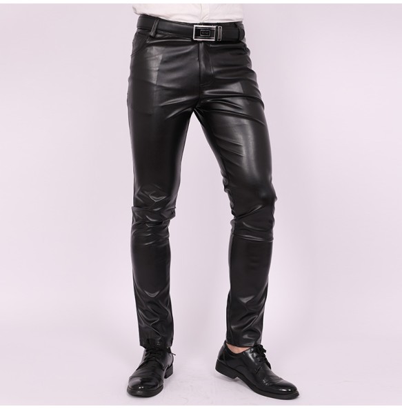 2023 Men's Slim Fit Skinny Pants Tight Stretch Leather Pants Teen Trend Motorcycle PU Leather Pants