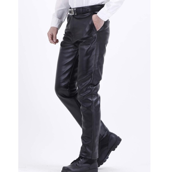 Mens Business Casual High Waist Straight Leg PU Faux Leather Biker Pants