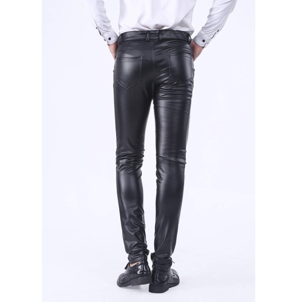 Men`s Business Slim Fit Five Pockets Faux Leather Pants Jeans