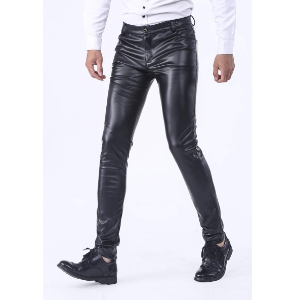 Men`s Business Slim Fit Five Pockets Faux Leather Pants Jeans