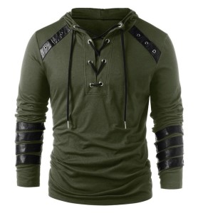 Adult Men Medieval T-shirt Gothic Steampunk Sweatshirt Lace Up Long Sleeve Pullover Hooded Tee Halloween Shirts Tops chemise