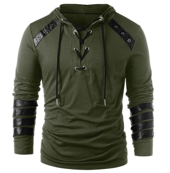 Adult Men Medieval T-shirt Gothic Steampunk Sweatshirt Lace Up Long Sleeve Pullover Hooded Tee Halloween Shirts Tops chemise