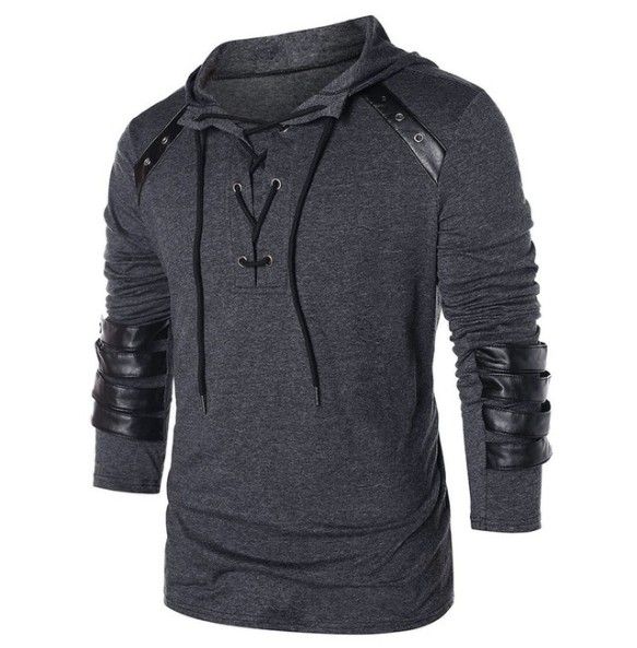 Adult Men Medieval T-shirt Gothic Steampunk Sweatshirt Lace Up Long Sleeve Pullover Hooded Tee Halloween Shirts Tops chemise