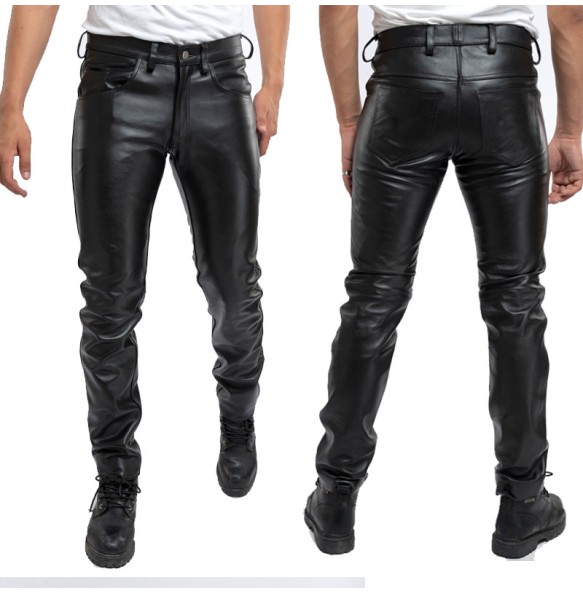 2023Men Leather Pants Slim PU Leather Trousers Fashion Elastic Motorcycle Leather Pants Waterproof Oil-Proof Male Bottoms