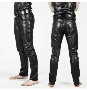 Mens Faux Leather Pants PU Material Black Slim Fit Motorcycle Leather Trousers For Male