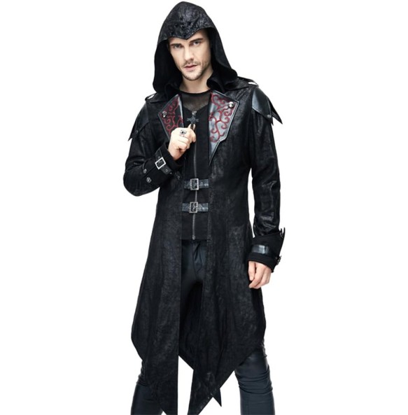 Punk Men Jackets Faux Leather Steampunk Gothic Swallowtail Coats Autumn Winter Long Hooded Coats Overcoat