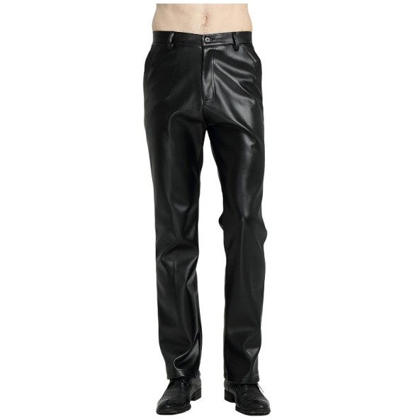 Mens Business Casual High Waist Straight Leg PU Faux Leather Biker Pants