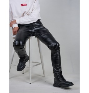 Elevate Spring Wardrobe: Men's Slim-fit PU Leather Pants with Pockets - Versatile & Breathable for Fashion-Forward Gents