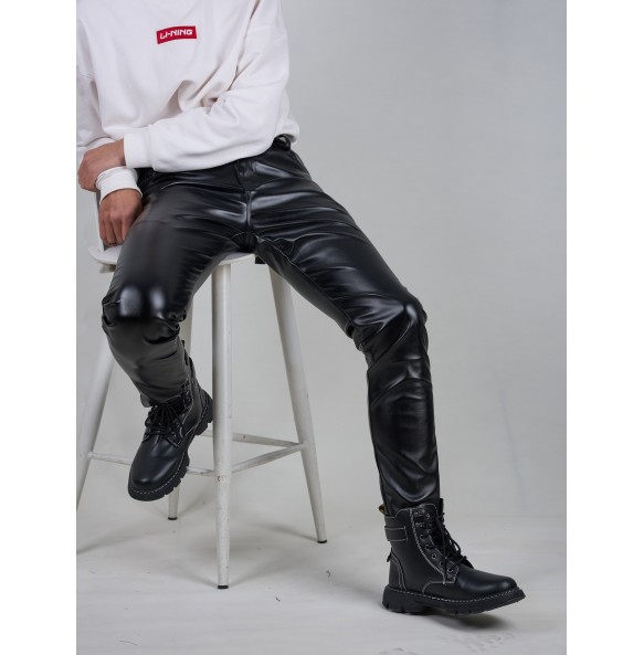 Elevate Spring Wardrobe: Men's Slim-fit PU Leather Pants with Pockets - Versatile & Breathable for Fashion-Forward Gents