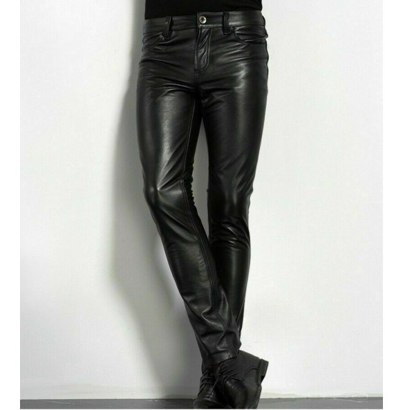 Spring Fashion Men's Fashion Rock Style PU Leather Pants Men's faux leather slim-fit motorcycle trousers