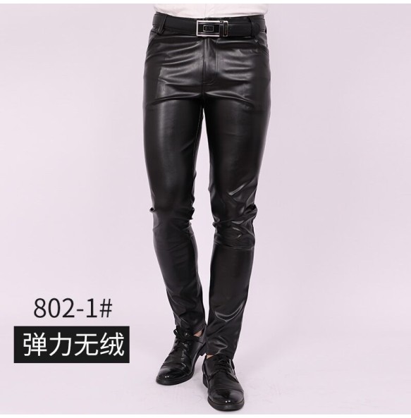 2023 Men's Slim Fit Skinny Pants Tight Stretch Leather Pants Teen Trend Motorcycle PU Leather Pants