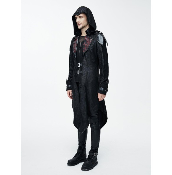 Punk Men Jackets Faux Leather Steampunk Gothic Swallowtail Coats Autumn Winter Long Hooded Coats Overcoat