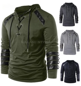 Adult Men Medieval T-shirt Gothic Steampunk Sweatshirt Lace Up Long Sleeve Pullover Hooded Tee Halloween Shirts Tops chemise