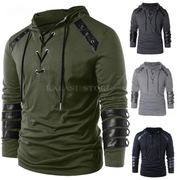 Adult Men Medieval T-shirt Gothic Steampunk Sweatshirt Lace Up Long Sleeve Pullover Hooded Tee Halloween Shirts Tops chemise