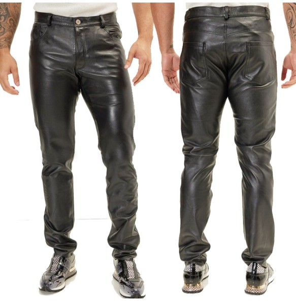 Spring Summer Moto Skinny Elastic Faux Leather Pants Men Black Gold White Thin PU Leather Trousers Brand Men Clothing