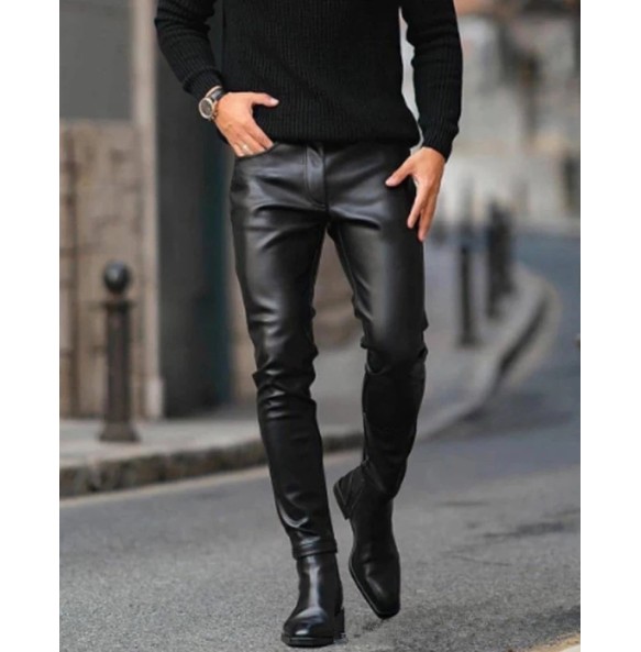 Dropshipping Leather Pants For Men Elastic Fashion PU Leather Trousers Streetwear 2023 Spring Autumn Motorcycle Pants