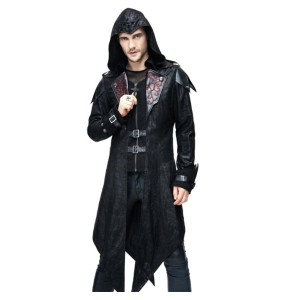 Punk Men Jackets Faux Leather Steampunk Gothic Swallowtail Coats Autumn Winter Long Hooded Coats Overcoat