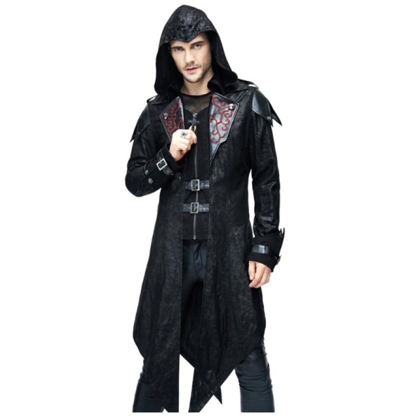 Punk Men Jackets Faux Leather Steampunk Gothic Swallowtail Coats Autumn Winter Long Hooded Coats Overcoat