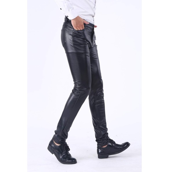 Men`s Business Slim Fit Five Pockets Faux Leather Pants Jeans