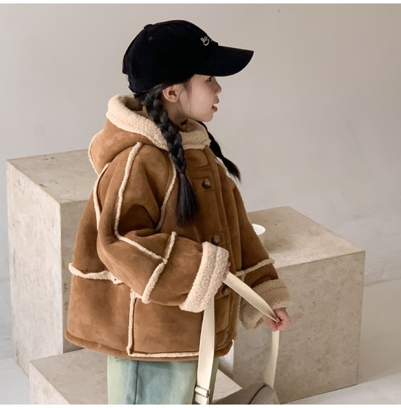 New Autumn and Winter Girls' Fleece Hooded Fur One-Piece and Thickened Fashionable Warm Party Cotton Jacket for 1-10 Years