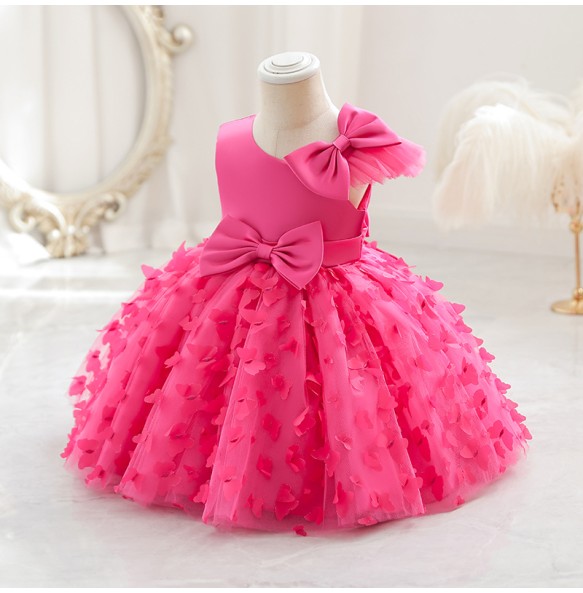 New Cute Butterfuly Flower Girls Brithday Wedding Dress Baby Kids Beauty Dress With Bownot