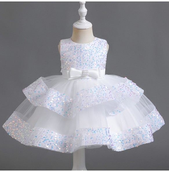 Summer New Beaded Bow Tie Sequin Mesh Children's Sleeveless Evening Dress School Graduation Party Multi Layered Dress