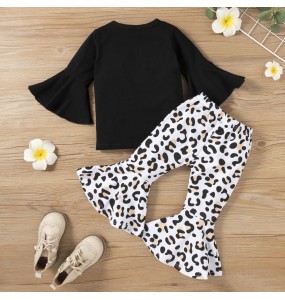 New Girl's Black Pure Cotton Medium Long Flare Sleeve T-Shirt with Leopard Print Pants Fashion Party Show Girl Set