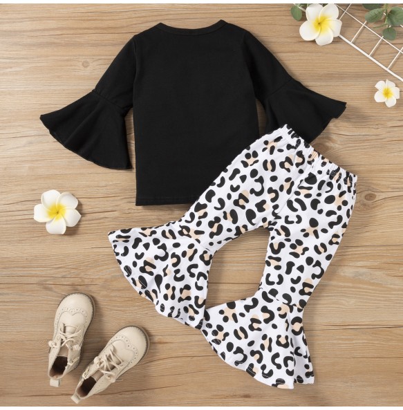 New Girl's Black Pure Cotton Medium Long Flare Sleeve T-Shirt with Leopard Print Pants Fashion Party Show Girl Set