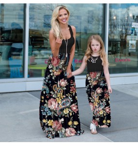 Summer Mother and Daughter Flower Long Dresses Beach Party Bohemia Maxi Dress Sundress Outfits Cotton Beachwear for Parent-Child