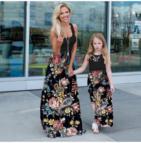 Summer Mother and Daughter Flower Long Dresses Beach Party Bohemia Maxi Dress Sundress Outfits Cotton Beachwear for Parent-Child