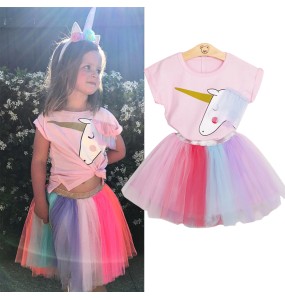 Summer Toddler Girls Clothes Children Clothing Kids Pink Unicorn Birthday Outfit T Shirt Princess Rainbow Tutu Dress Clothes Set