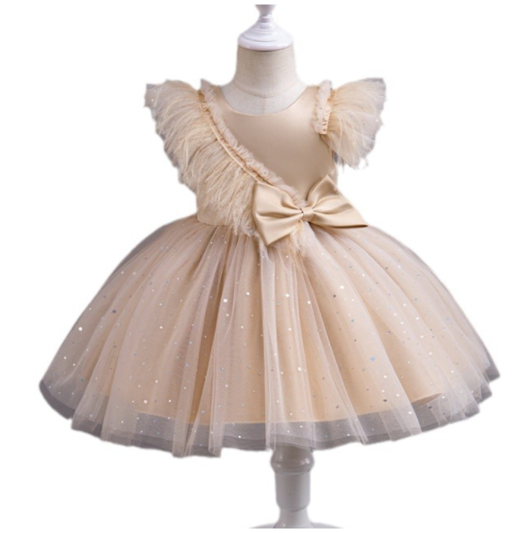 Summer Girls' New Bow Sequin Flying Sleeves Mesh Fluffy Skirt Piano Competition School Graduation Ceremony Dress