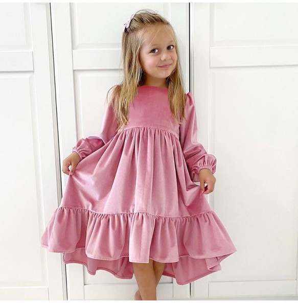 New 7-12 years Girls Spring Autumn Winter Velvet Long Sleeve Ruffle Hem Dress Princess Kids Party Dressess Children Clothing