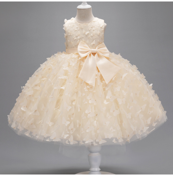 Girl's New Butterfly Skirt with Large Bow, Sweet and Cute Sleeveless Mesh Puffy Skirt Wedding Flower Girl Fashion Dress