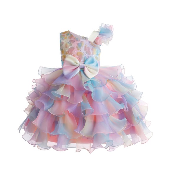 Girl's New Bow Sequin Rainbow Mesh Asymmetrical Collar Fluffy Skirt Sticker Birthday Party Stage Performance Dress