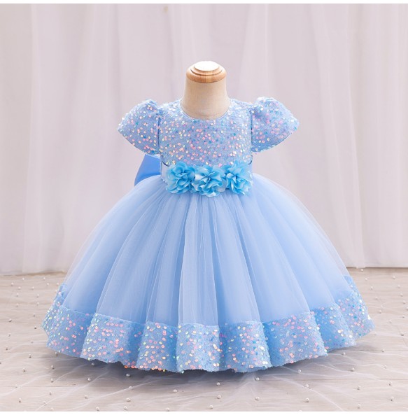 Hight Quality Princess Girls Sequin Flower Short Sleeve Ball Gown Party Dress Baby Kids Elegant Wedding Baptismal Dress Clothing