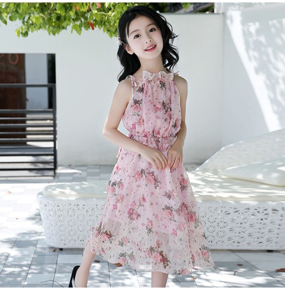 Bohemian Summer Girls Flower Dress Kids Girl Beach Dresses Chiffon Kids Dresses Floral Teenager Girls Clothes 6 8 10 12 14 Year