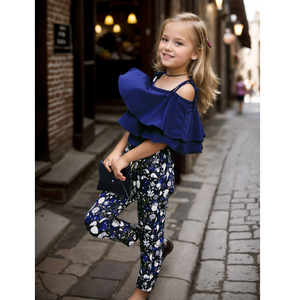 Summer Teen Girls Flower Chiffon Clothing Set Children Off Shoulder tops Floral Pants Kids Outfits Girl Clothes For 8 12 14Years