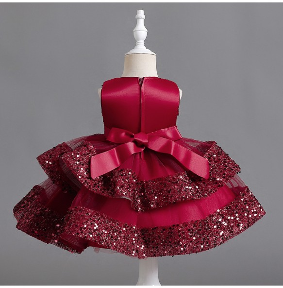 Summer New Beaded Bow Tie Sequin Mesh Children's Sleeveless Evening Dress School Graduation Party Multi Layered Dress