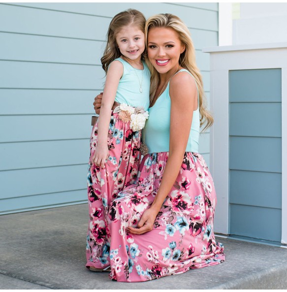 Summer Mother and Daughter Flower Long Dresses Beach Party Bohemia Maxi Dress Sundress Outfits Cotton Beachwear for Parent-Child