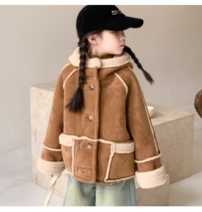 New Autumn and Winter Girls' Fleece Hooded Fur One-Piece and Thickened Fashionable Warm Party Cotton Jacket for 1-10 Years